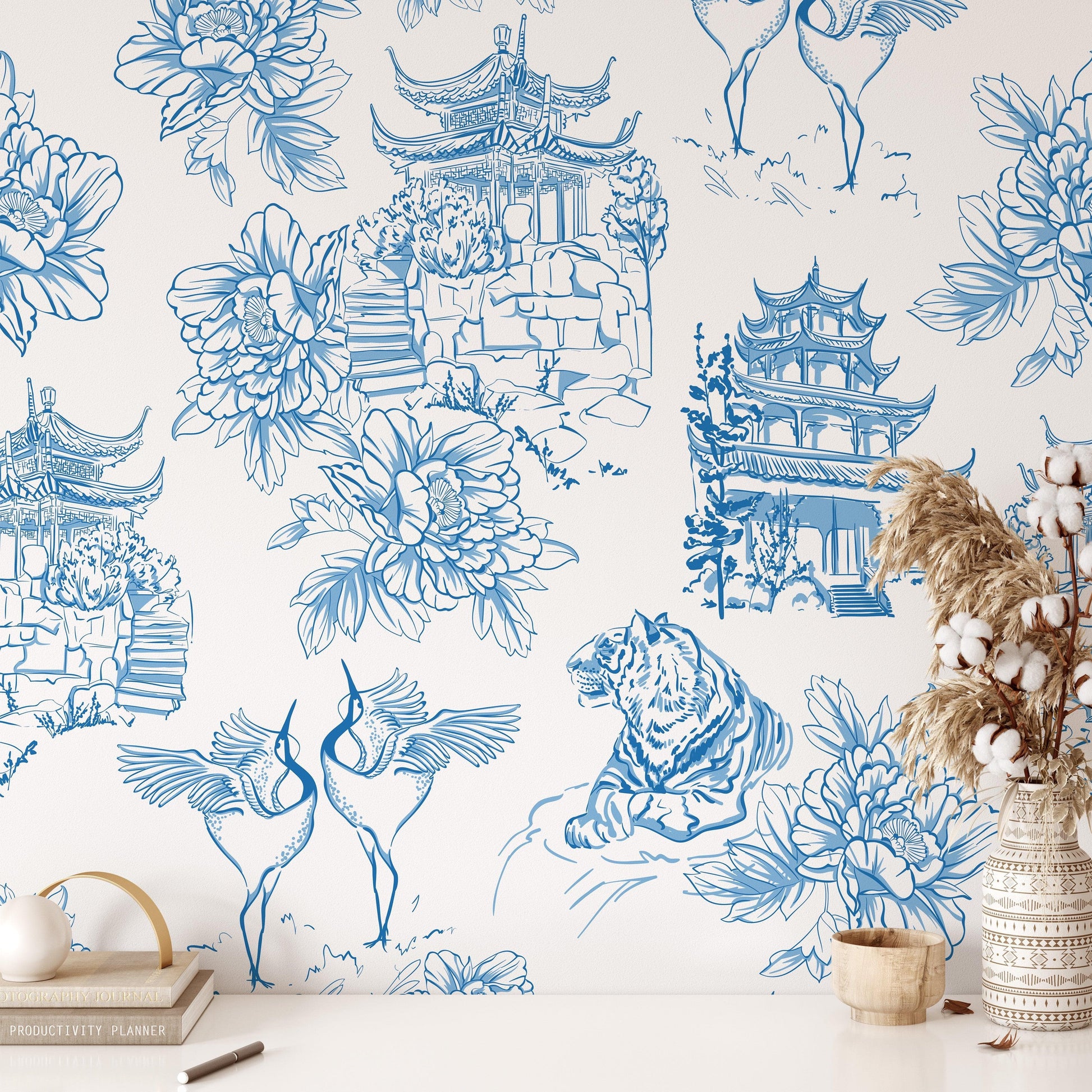 Blue and White Chinoiserie Tiger Pagoda Wallpaper Blue and White Chinoiserie Tiger Pagoda Wallpaper 
