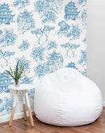 Blue and White Chinoiserie Tiger Pagoda Wallpaper