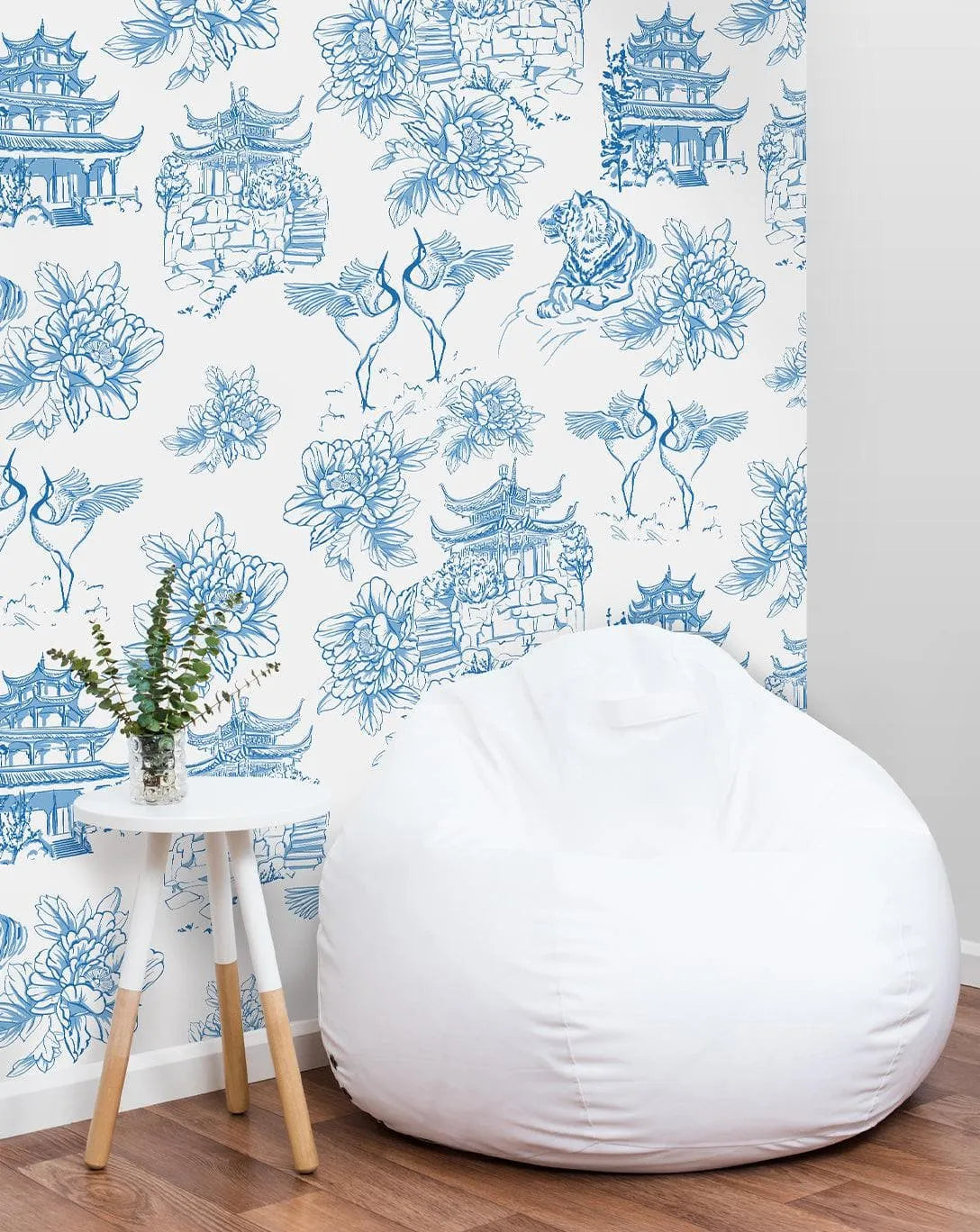 Blue and White Chinoiserie Tiger Pagoda Wallpaper