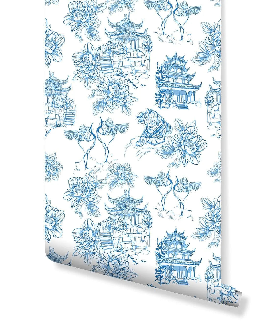 Blue and White Chinoiserie Tiger Pagoda Wallpaper