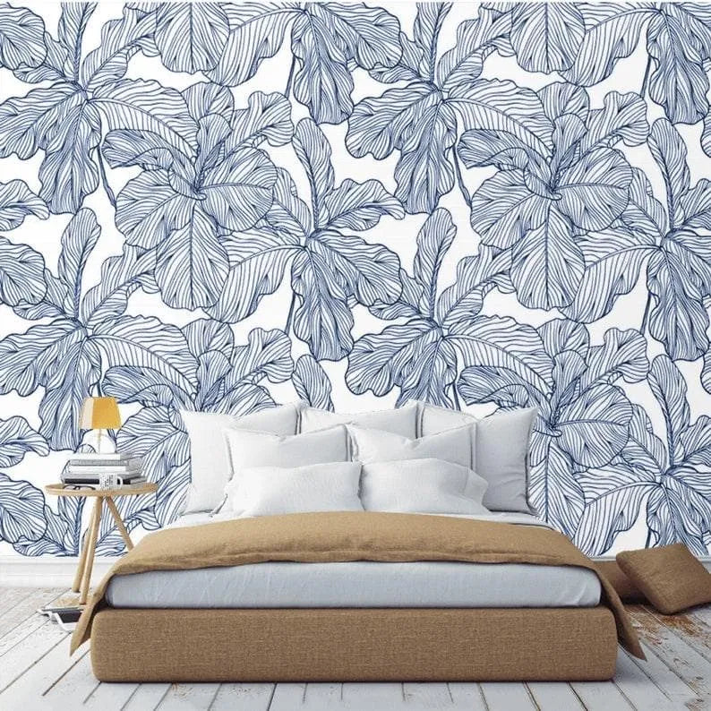 Blue and White Oversized Exotic Leaves Wallpaper