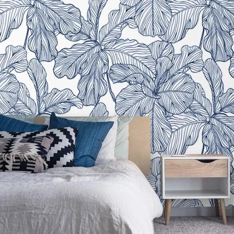 Blue and White Oversized Exotic Leaves Wallpaper