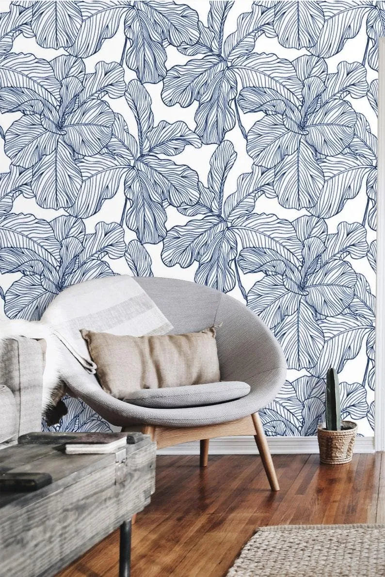 Blue and White Oversized Exotic Leaves Wallpaper