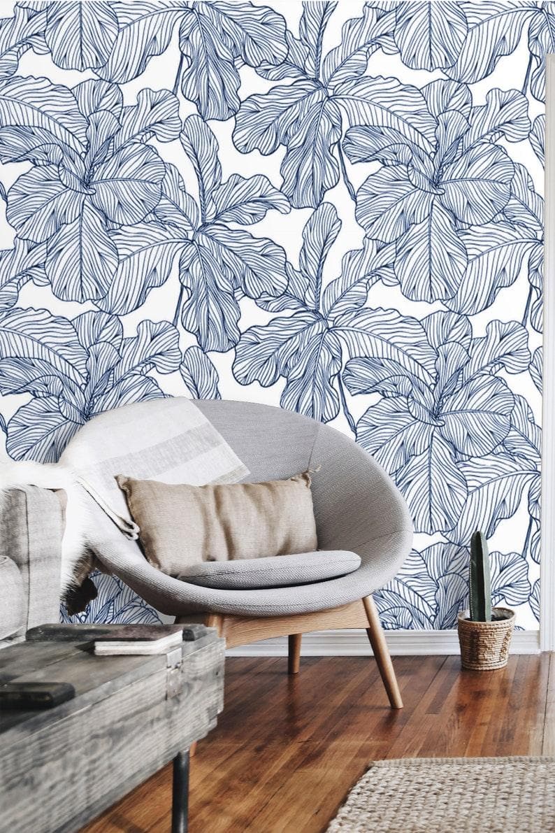 Blue and White Oversized Exotic Leaves Wallpaper 
