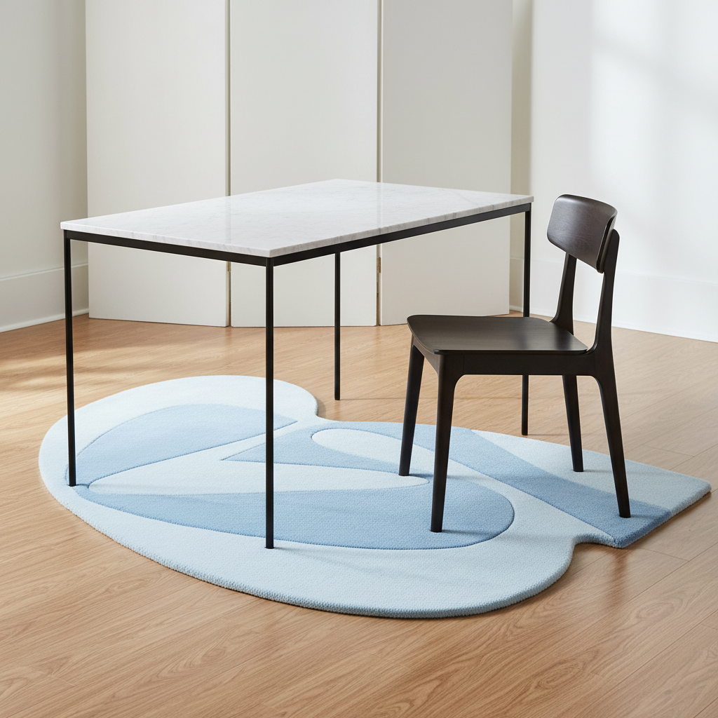 Modern dining table and chair on a light blue rug with a minimalistic background