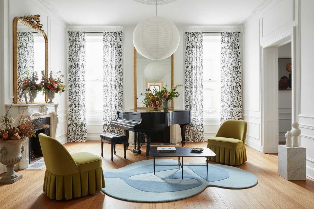 Living room with a piano, green chairs, and decorative blue rug.