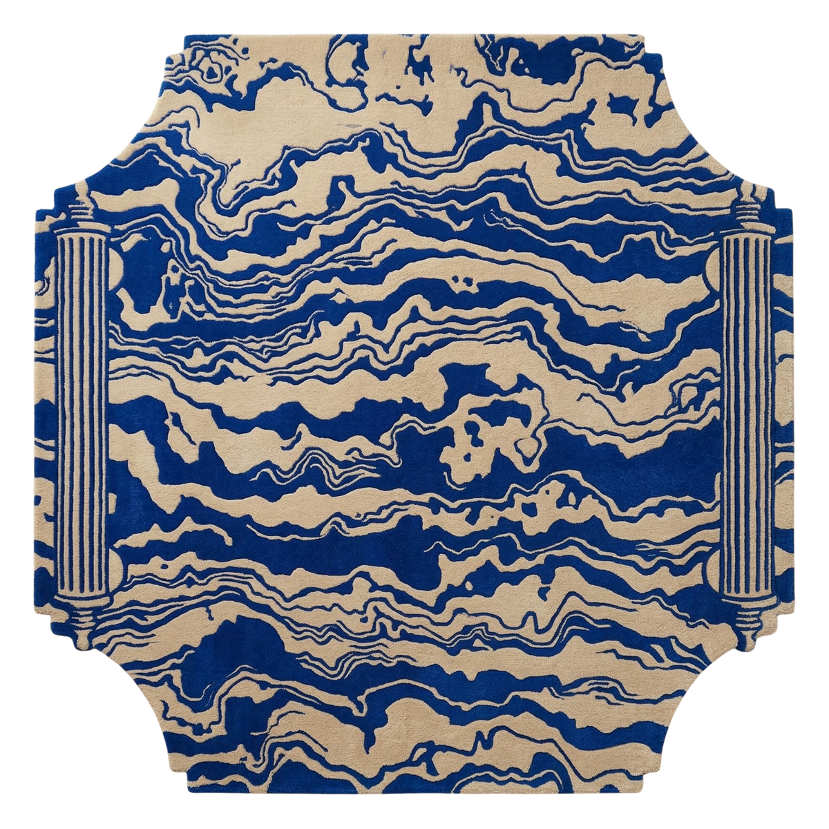 Blue and beige patterned rug on a white background