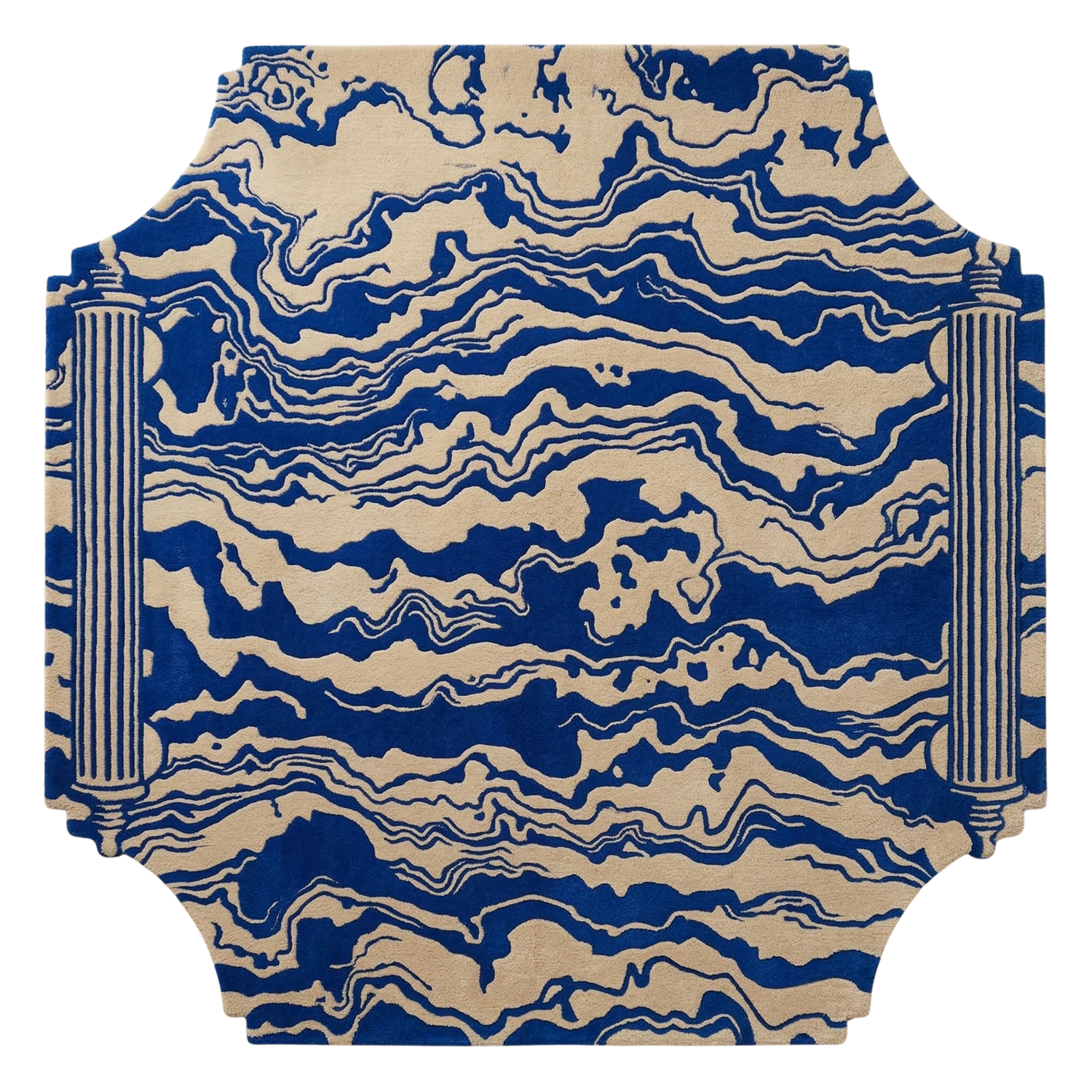 Blue and beige patterned rug on a white background