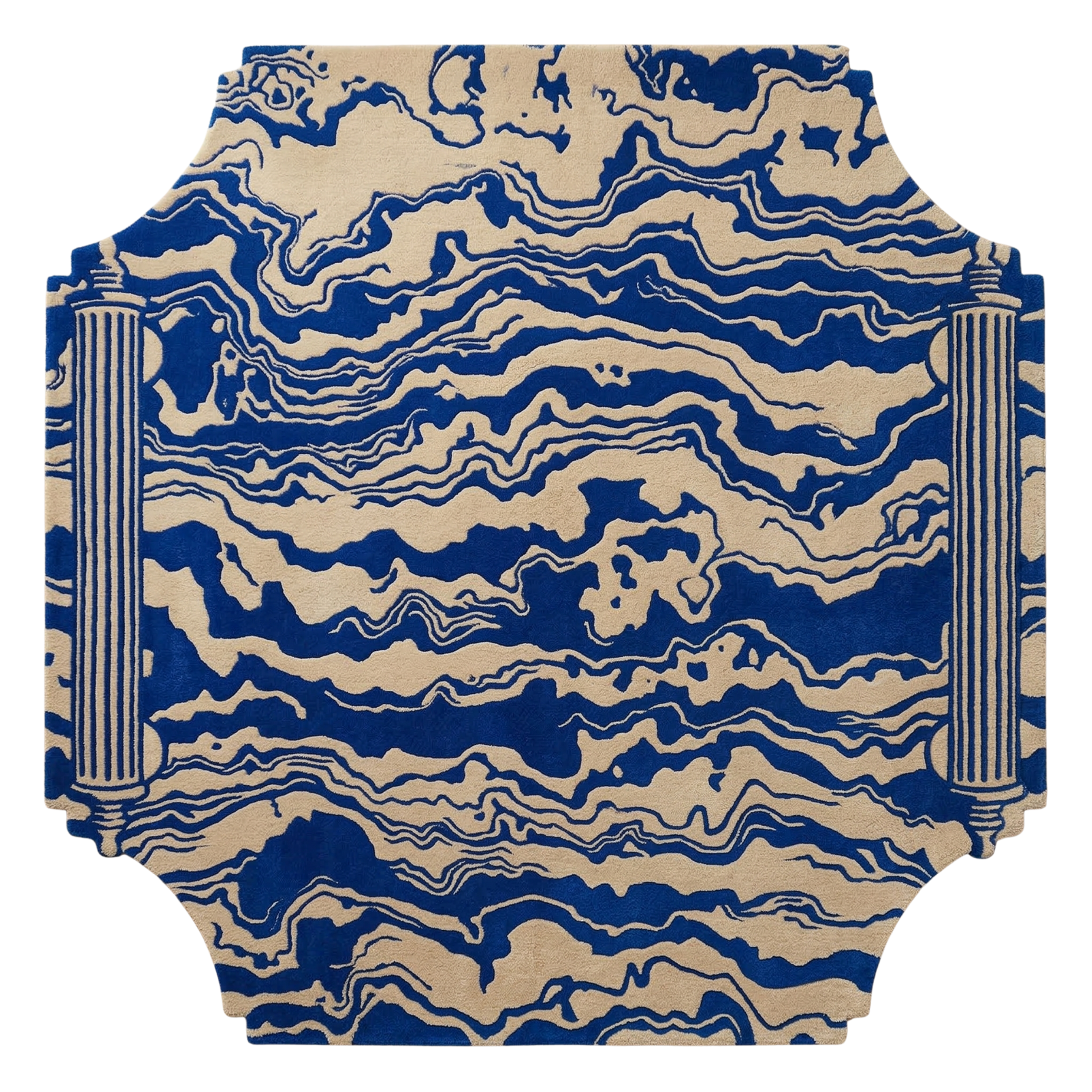 Blue and beige patterned rug on a white background