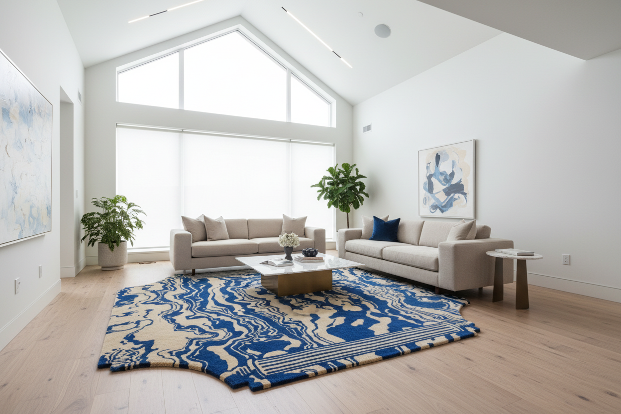 Modern living room with gray sofas, a blue and white patterned rug, and large windows.