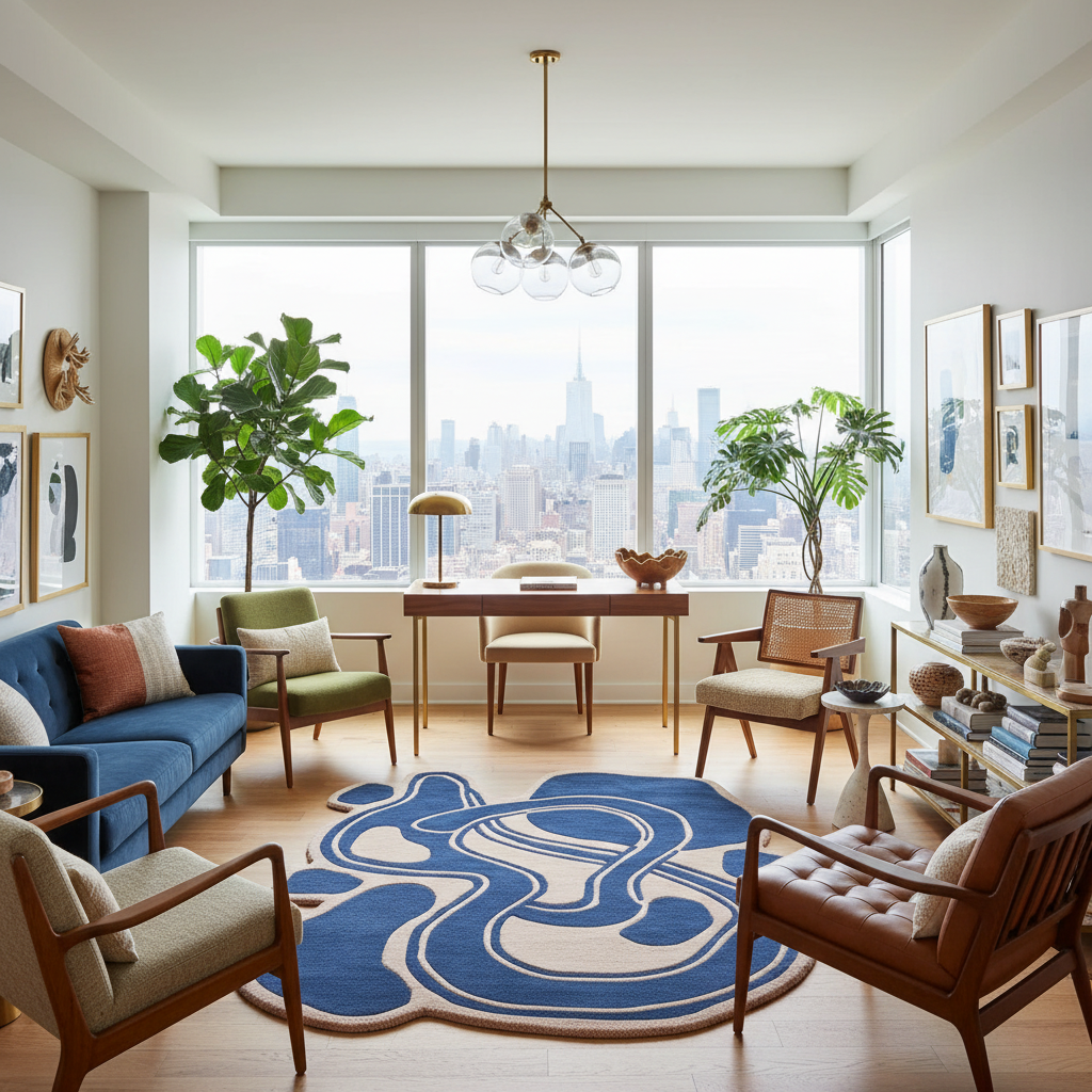 Modern living room with a blue abstract rug, furniture, and city view.