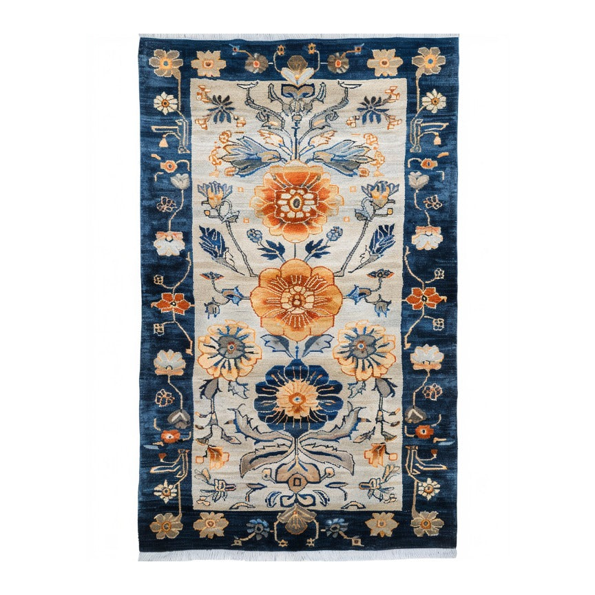 Blue Blossom Edge Medium Hand Knotted Wool Rug