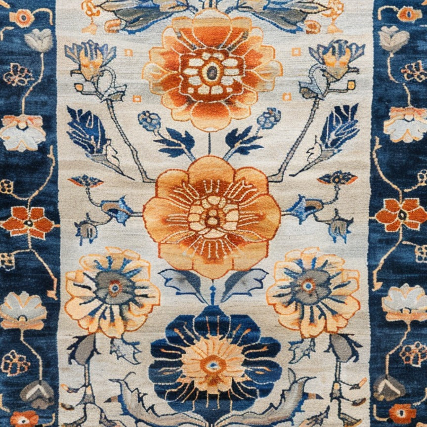 Blue Blossom Edge Medium Hand Knotted Wool Rug