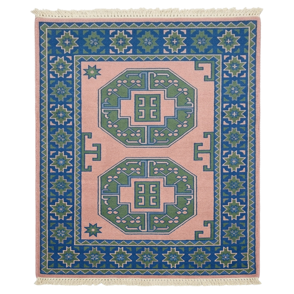 Blue & Blush Geometry Hand Knotted Rug