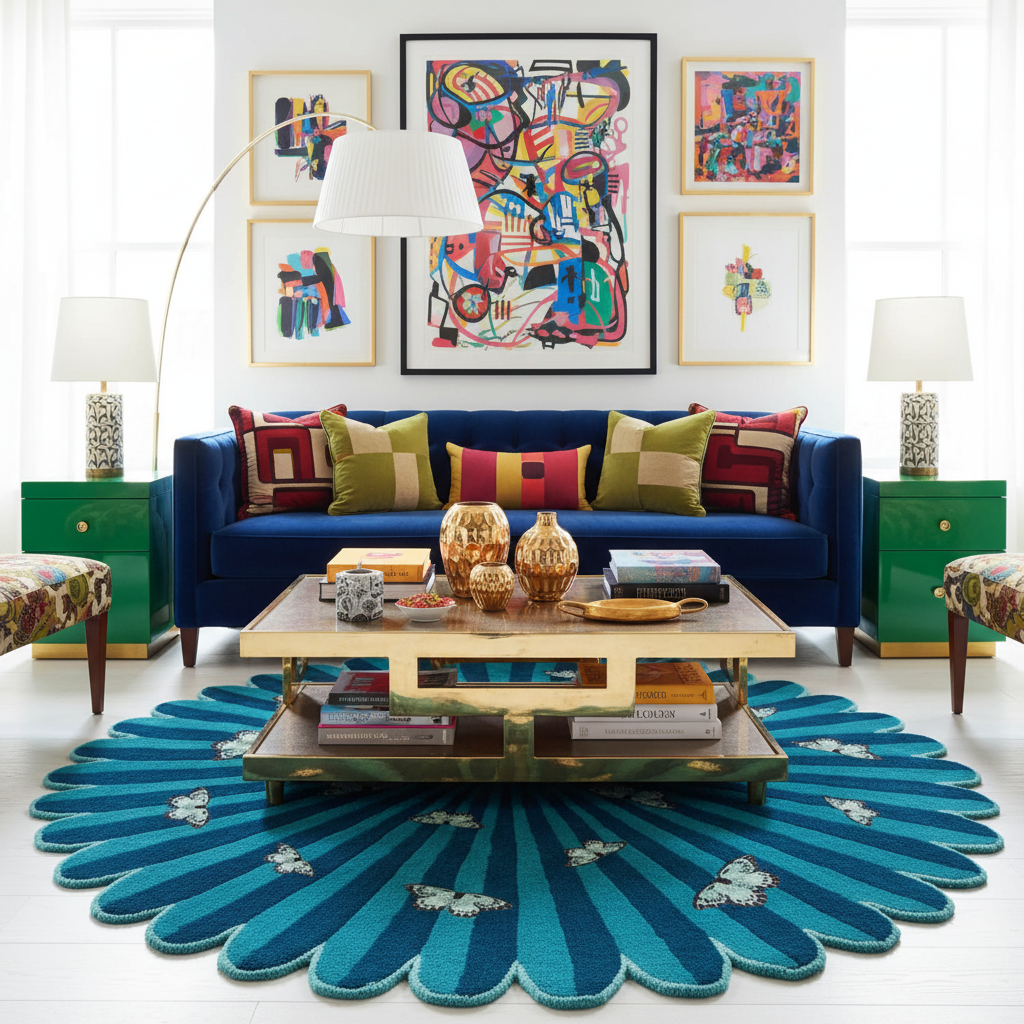 Living room with a blue sofa, colorful artwork, and a blue floral rug.