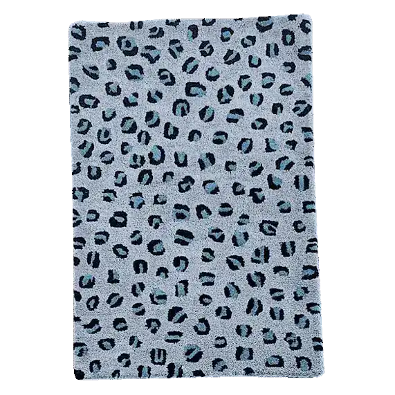 A stylish area rug featuring a blue leopard print design, perfect for large living rooms. This hand-tufted wool rug adds a touch of elegance and modern flair to any living room setting.
