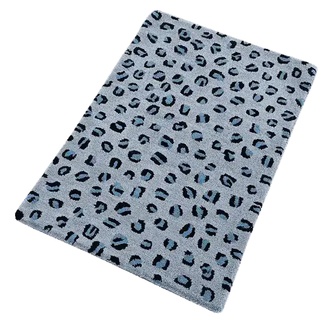 This image features a stylish Blue Leopard Print Hand Tufted Wool Rug, perfect for adding a touch of elegance to any large living room. The area rug showcases a striking leopard pattern in shades of blue, making it an eye-catching centerpiece for your living room decor.