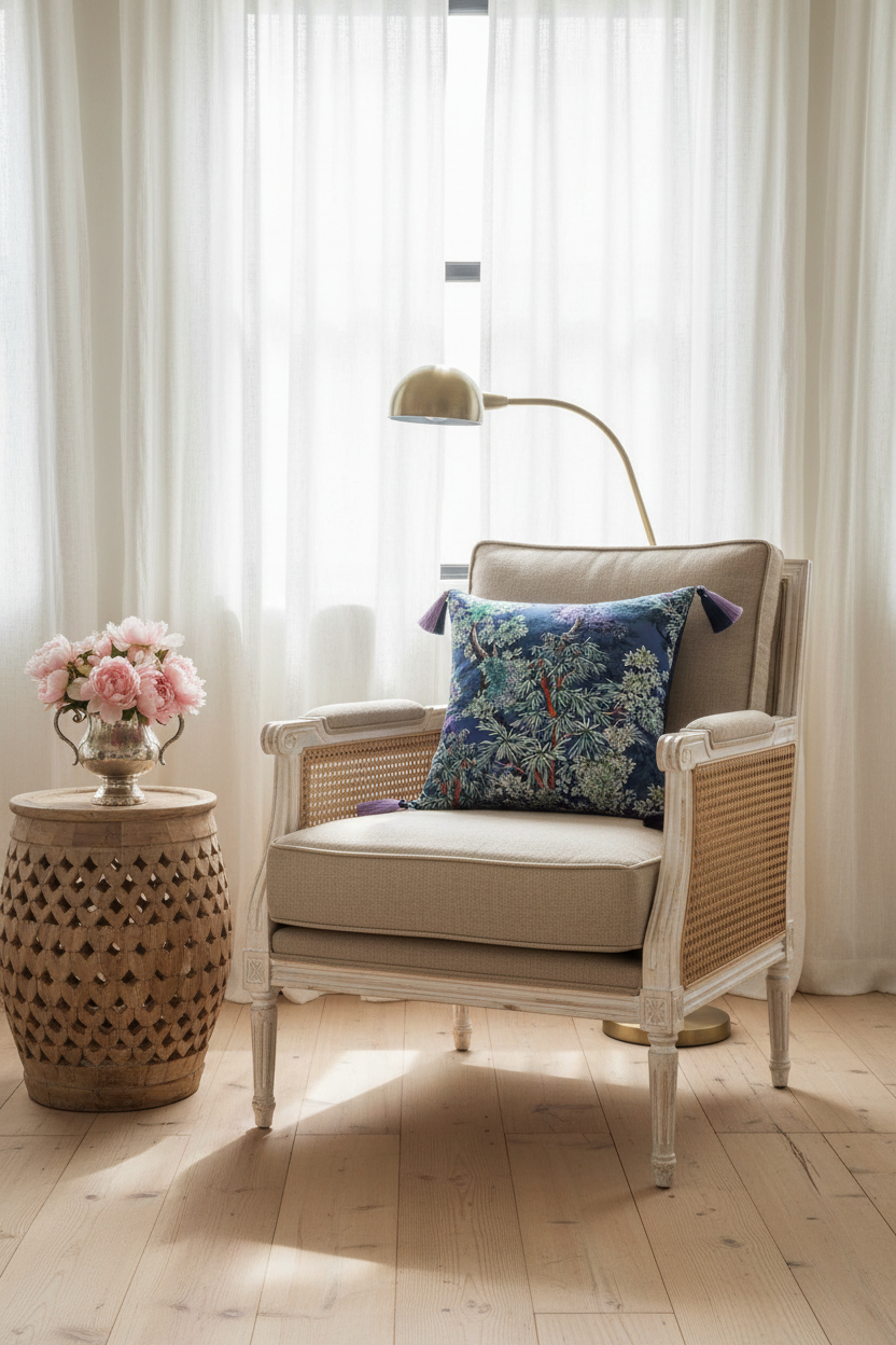 A beige upholstered armchair with a woven rattan frame sits in a bright room with sheer white curtains, a floor lamp, and a decorative floral pillow. A small wooden side table with pink flowers is beside the chair.