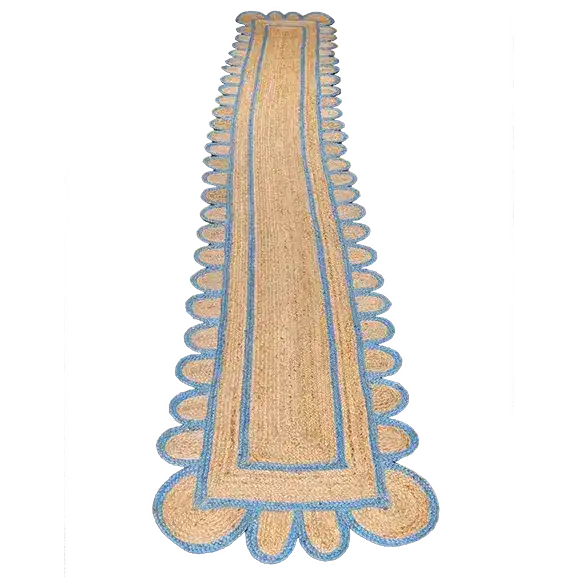 Elegant Blue Scalloped Border Jute Rug Runner, perfect as an area rug for hallways or a stylish addition to kitchens, bedrooms, and dining rooms. This versatile hallway runner rug features a natural jute texture with a charming blue scalloped border, adding a touch of sophistication to any space, including as a bathroom runner rug or kitchen runner rug.