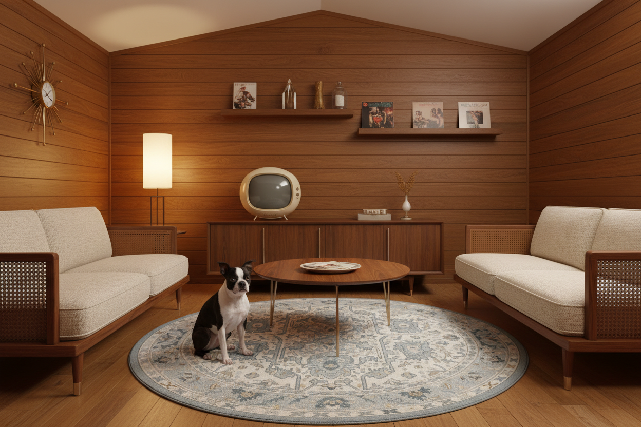 Cozy living room with wooden walls, a vintage TV, and a dog sitting on a rug.
