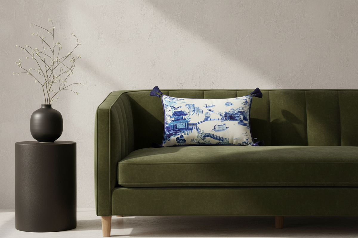 An olive green velvet sofa in a styled room setting, featuring a blue and white toile patterned throw pillow with dark blue tassels. A black cylindrical side table with a black vase and dried branches stands to the left against a textured off-white wall.
