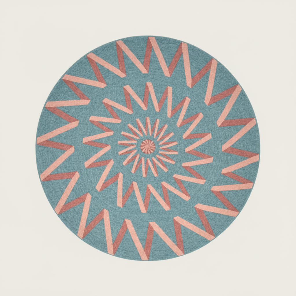 Circular rug with a geometric pattern on a beige background