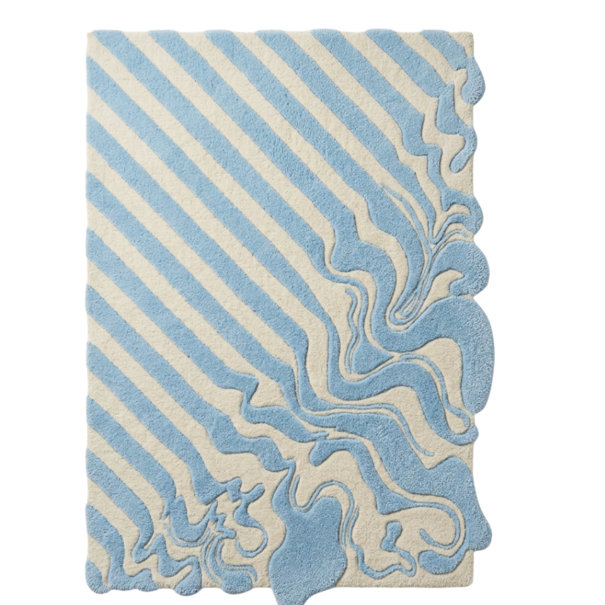Melting Hand Tufted Rug with diagonal light blue and cream stripes flowing into a swirled marbled pattern