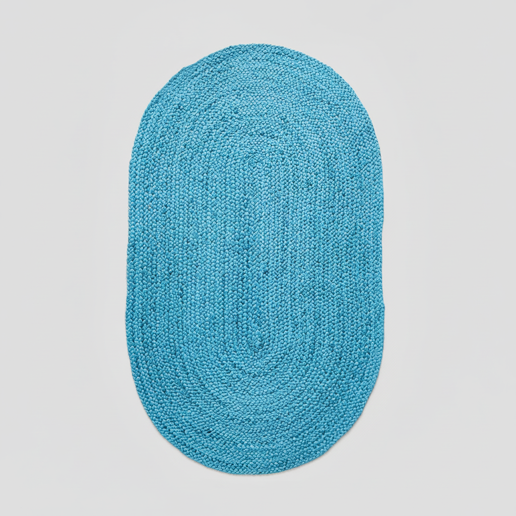 Blue oval rug on a light gray background