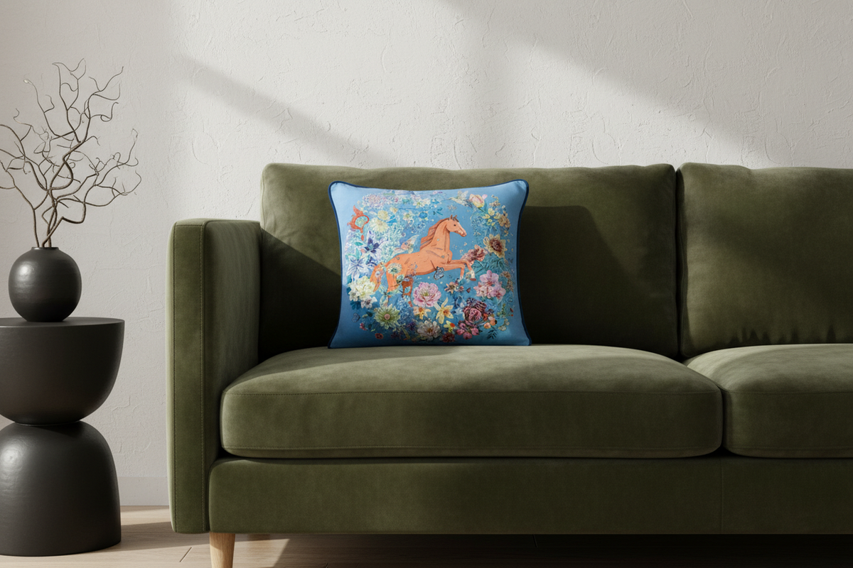 A square decorative throw pillow with a blue background and a colorful embroidered horse design, styled on an olive green velvet sofa next to a black side table.