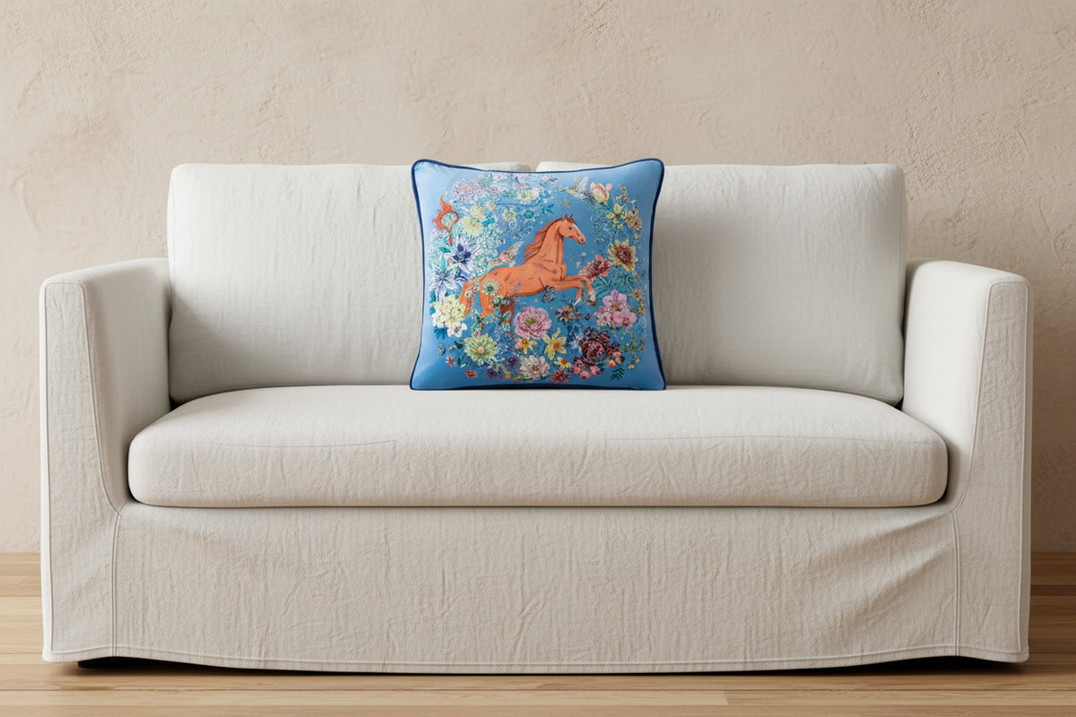 A cream-colored slipcovered sofa with a square blue throw pillow featuring a colorful embroidered horse and floral pattern, set against a textured beige wall and light wood floor.