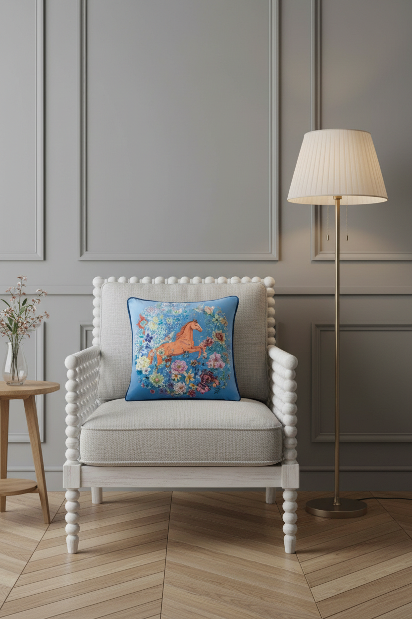A decorative throw pillow with a colorful floral and horse design sits on a light gray upholstered armchair in a styled room with a floor lamp, wooden wall paneling, and a herringbone wood floor.
