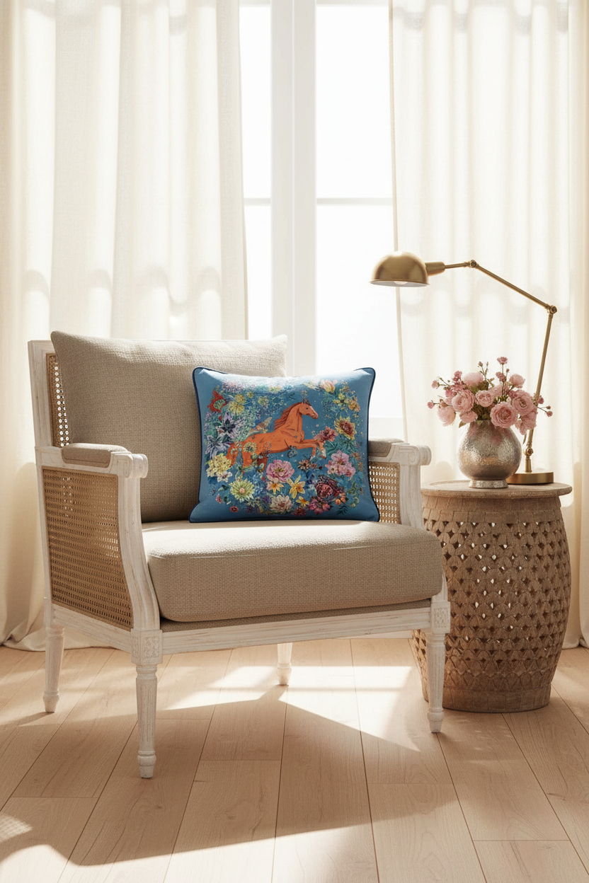 A decorative throw pillow featuring a colorful horse and floral print on a blue background, styled on a beige armchair in a bright, sunlit room next to a rattan side table with a lamp and flowers.
