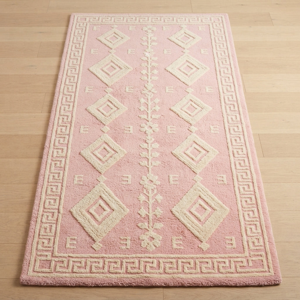 Blush Keystone Lattice Hand Tufted Wool Rug — pink, cream, ivory tribal rug by Maia Homes