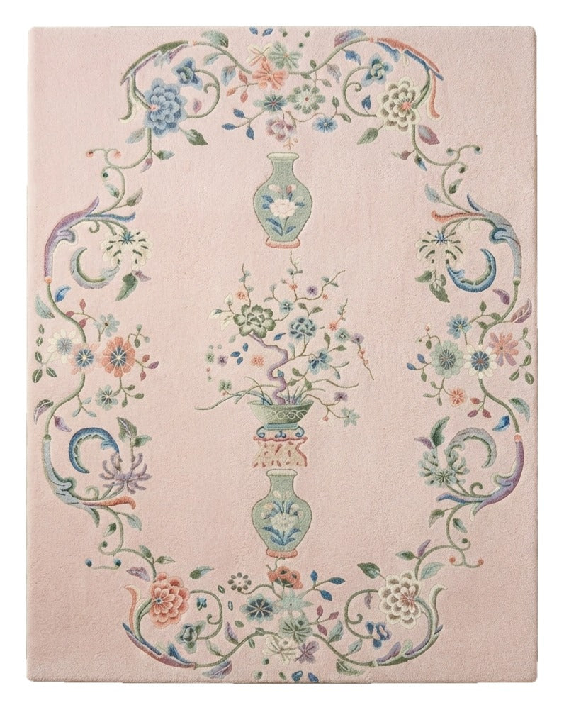 Blush Porcelain Garden Hand Tufted Rug — pink, sage, blue floral rug by Maia Homes on a white background