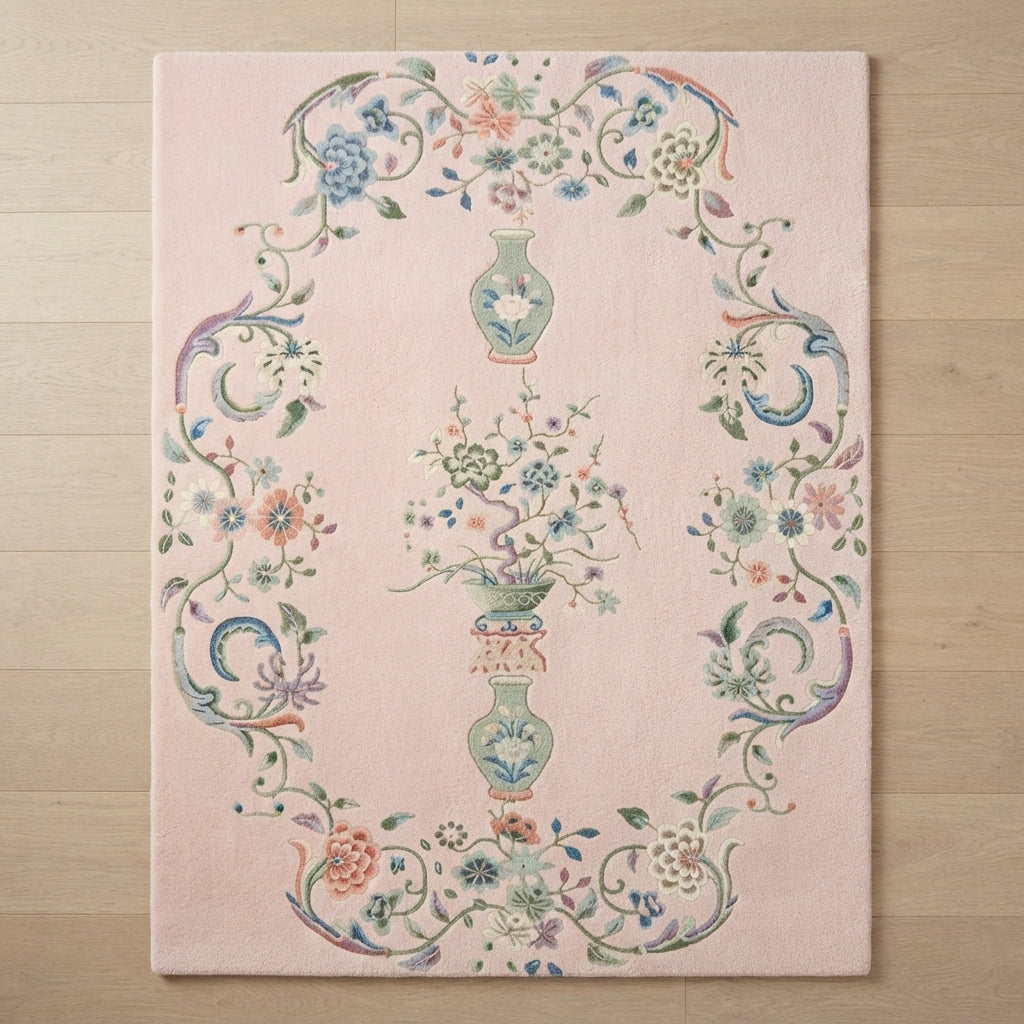 Blush Porcelain Garden Hand Tufted Rug — pink, sage, blue floral rug by Maia Homes