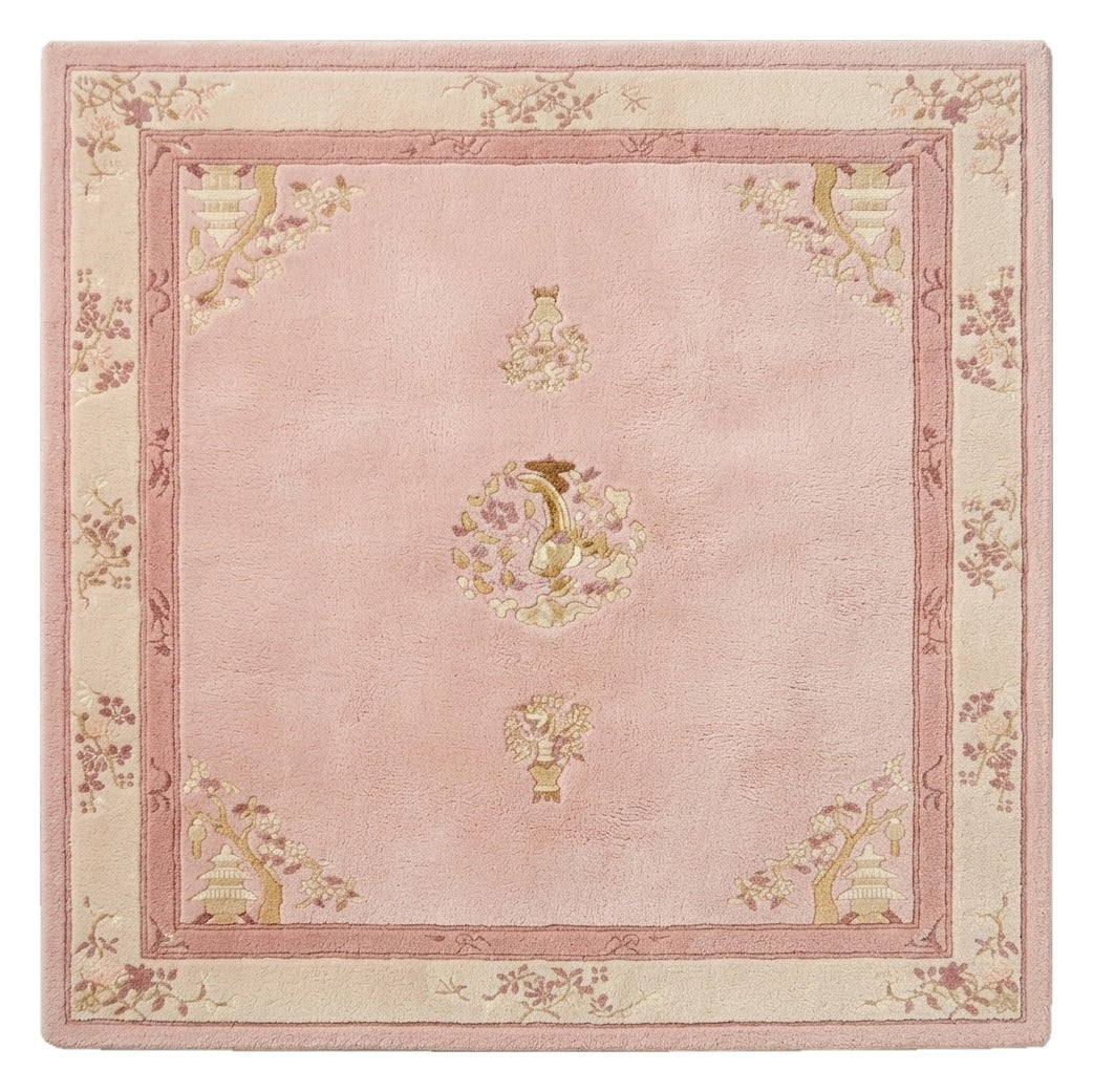 Blush Temple Lotus Square Hand Tufted Rug — pink, cream, gold chinoiserie rug by Maia Homes on a white background
