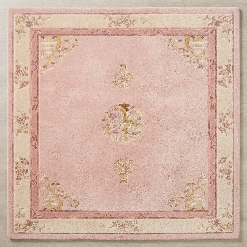 Blush Temple Lotus Square Hand Tufted Rug — pink, cream, gold chinoiserie rug by Maia Homes