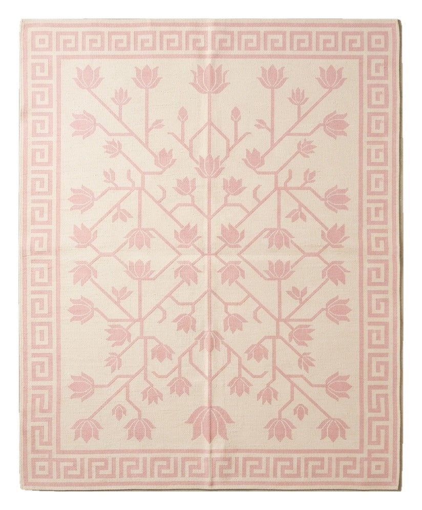 Blush Tree of Life Flatweave Rug — pink, cream, ivory floral rug by Maia Homes on a white background