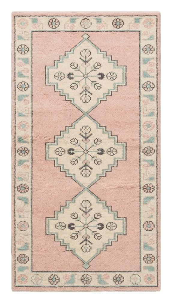 Blush Triple Diamond Hand Tufted Runner Rug — pink, cream, gray tribal rug by Maia Homes on a white background