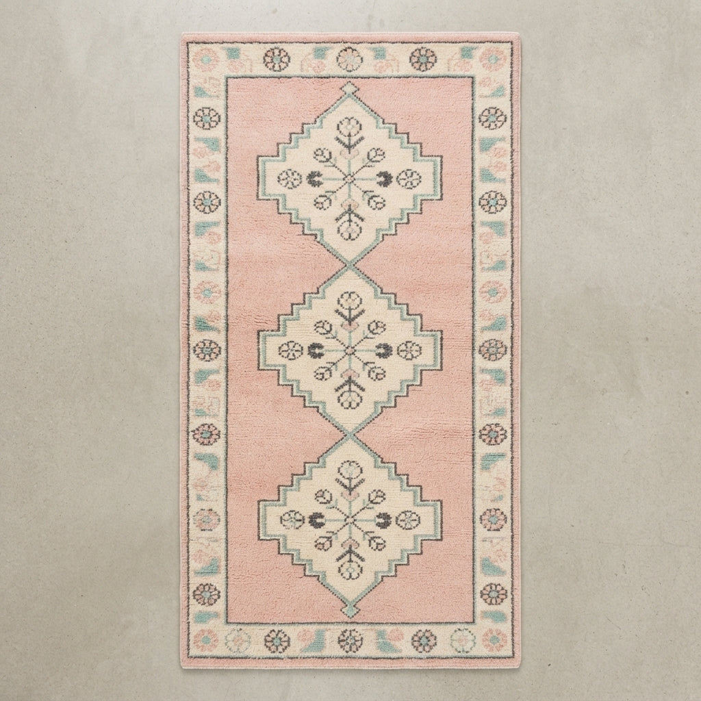 Blush Triple Diamond Hand Tufted Runner Rug — pink, cream, gray tribal rug by Maia Homes