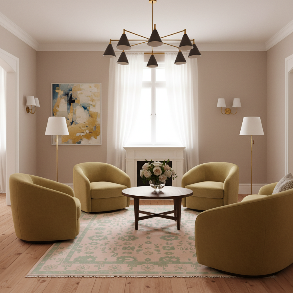 A styled living room featuring four olive green armchairs arranged around a round wooden coffee table on a patterned rug. The room has beige walls, white sheer curtains, a multi-light chandelier, and a framed abstract painting.