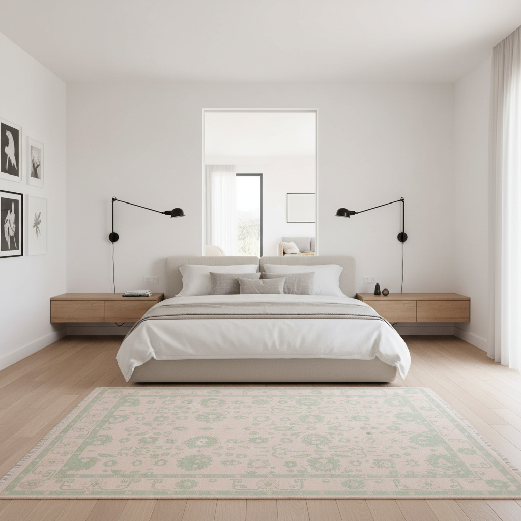 A modern minimalist bedroom featuring a low-profile platform bed with white bedding, flanked by two light wood floating nightstands and black adjustable wall lamps. A pale green and cream patterned area rug covers the light wood floor in front of the bed.