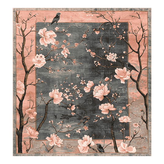 Immerse your space in the delicate beauty of nature with the Blush Canopy Reverie rug. Featuring elegant, soft blush florals blooming across slender branches, this design evokes the serenity of a peaceful garden. The contrast of the pale blooms against a rich slate grey background creates a striking yet harmonious balance. Birds resting on the branches bring a sense of quiet calm, making this hand-tufted rug the perfect addition for those seeking elegance and tranquility in their décor. Transform any room i