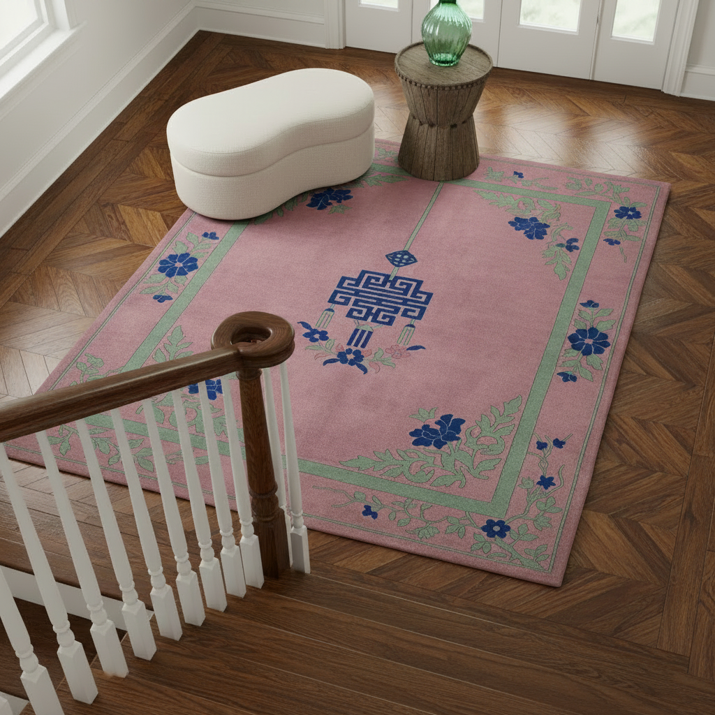Pink decorative rug with blue floral patterns on a wooden floor, next to a staircase.