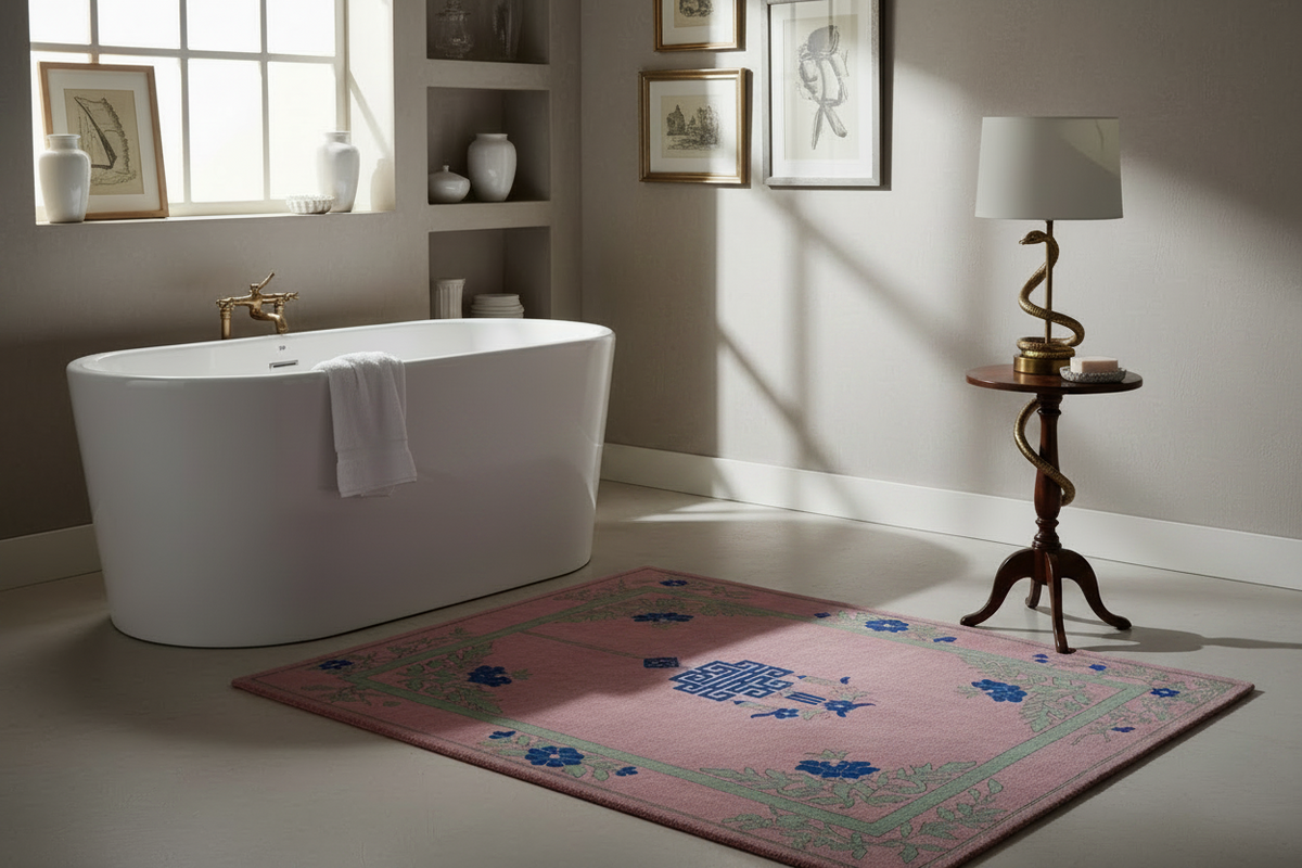 Modern bathroom with freestanding bathtub, pink rug, and decorative elements.