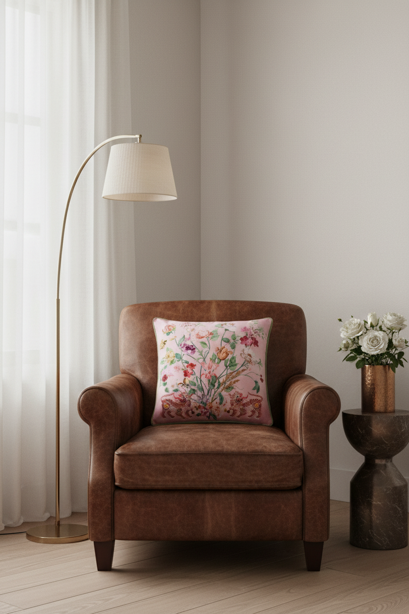 A brown leather armchair in a softly lit room, styled with a square floral throw pillow. A tall floor lamp stands to the left, and a small side table with white flowers is to the right.