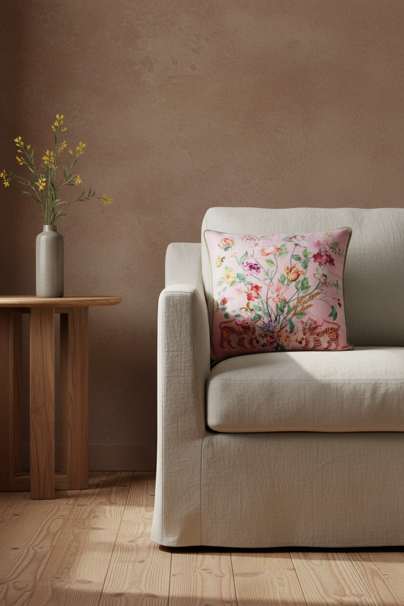 A beige upholstered armchair in a styled room setting, featuring a square pink floral throw pillow. A small wooden side table with a gray vase of yellow flowers stands to the left against a textured warm brown wall and light wood flooring.