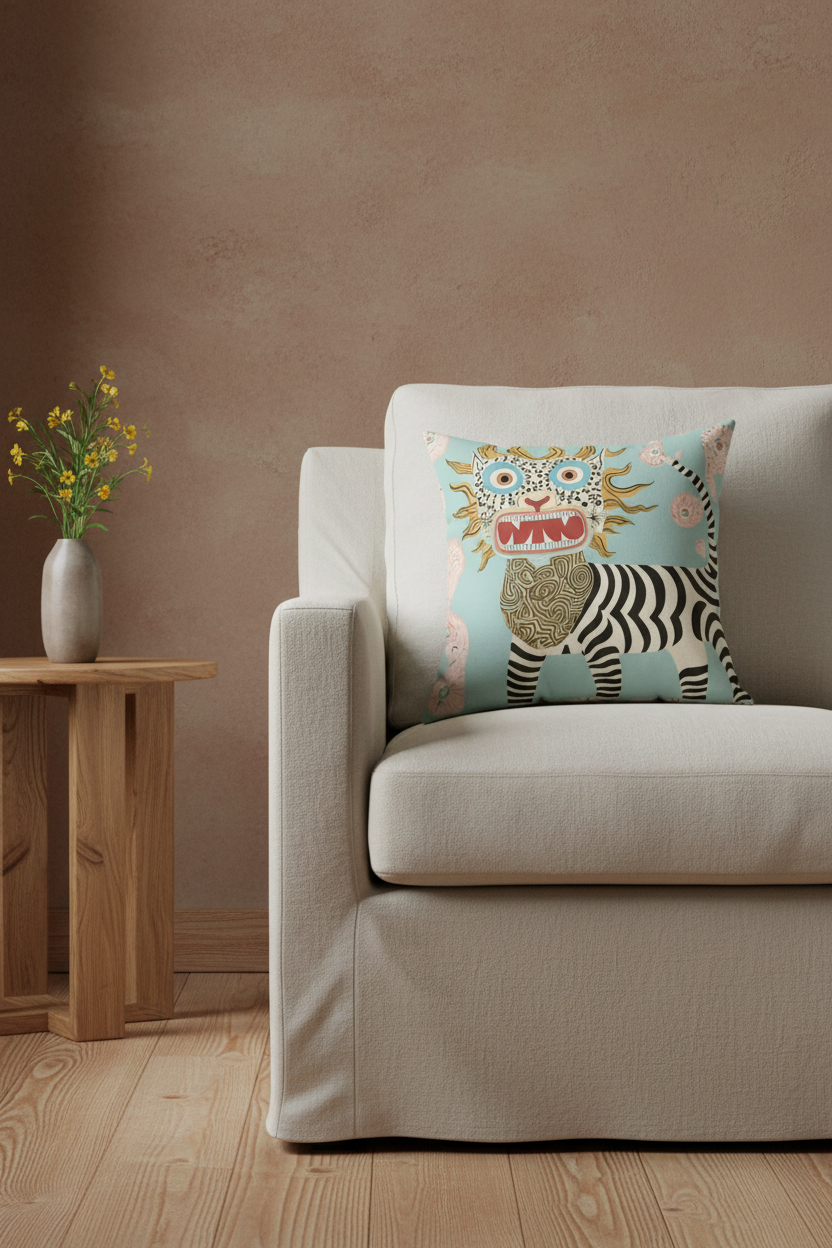A square throw pillow with a whimsical tiger and dragon design resting on a light beige armchair in a styled room setting with a wooden side table and textured wall.