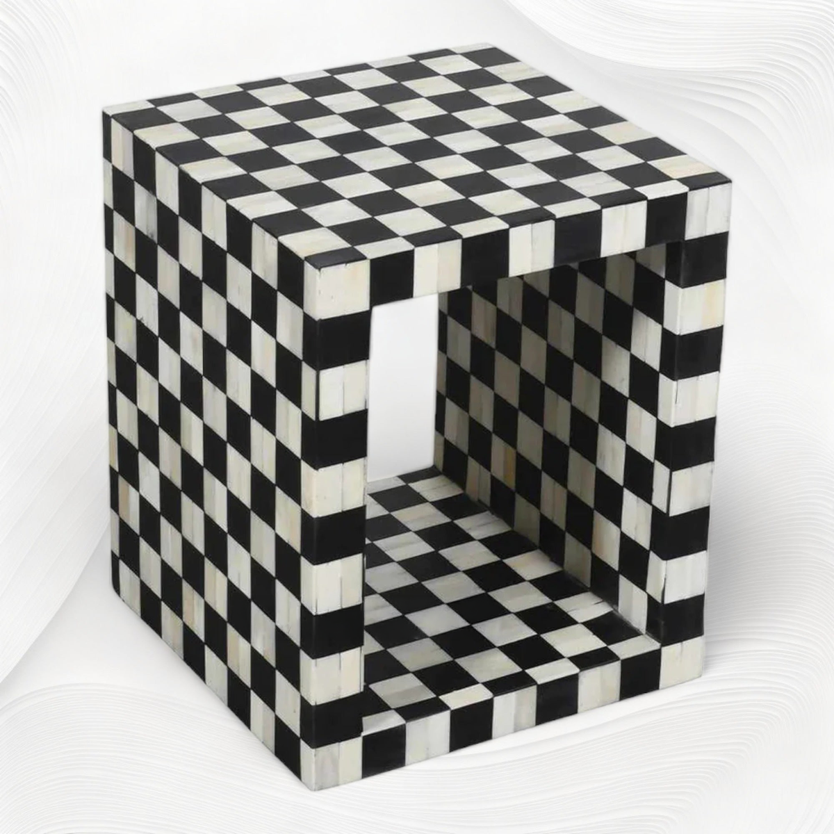 Checkerboard Bone Inlay Cube Side Table – Black
