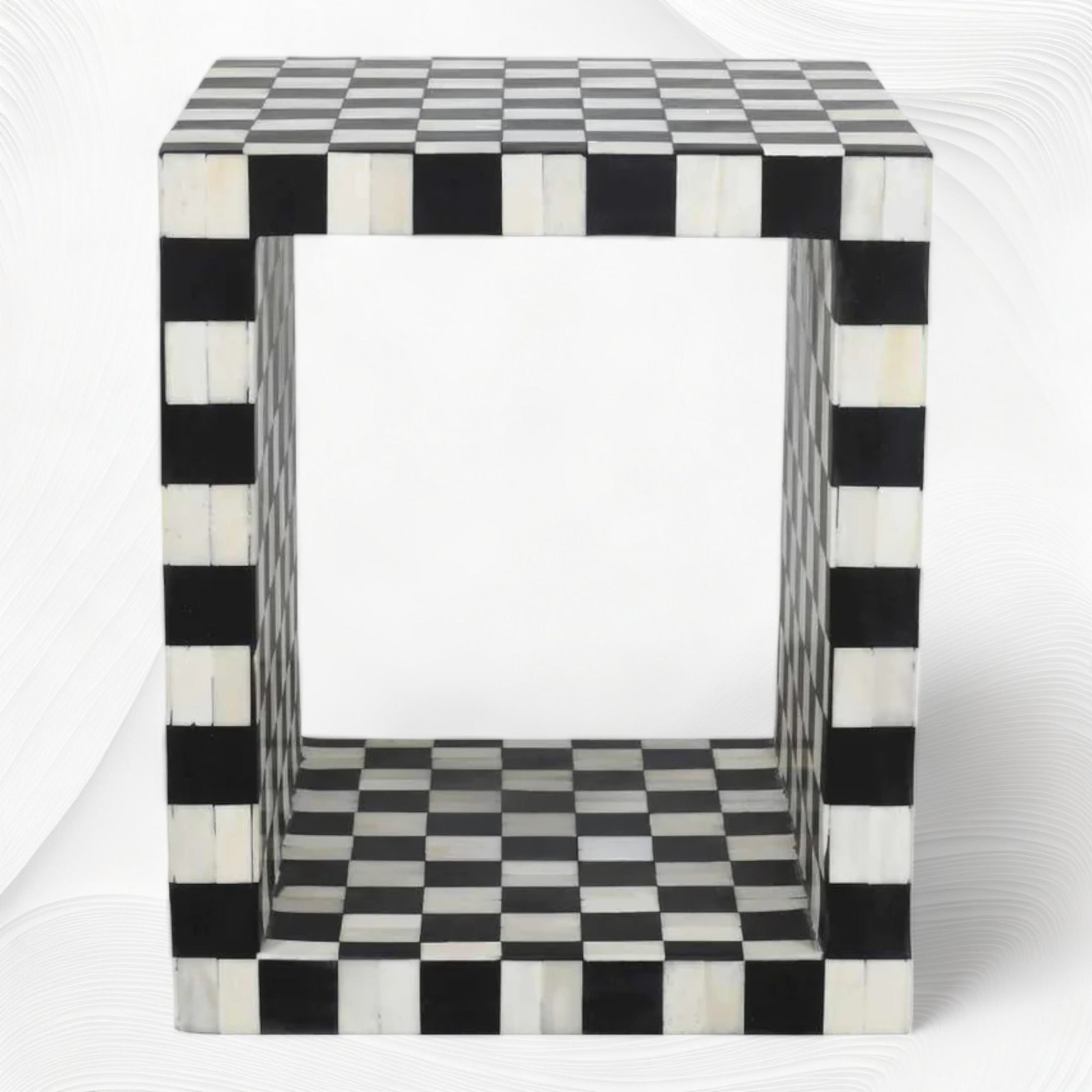 Checkerboard Bone Inlay Cube Side Table – Black